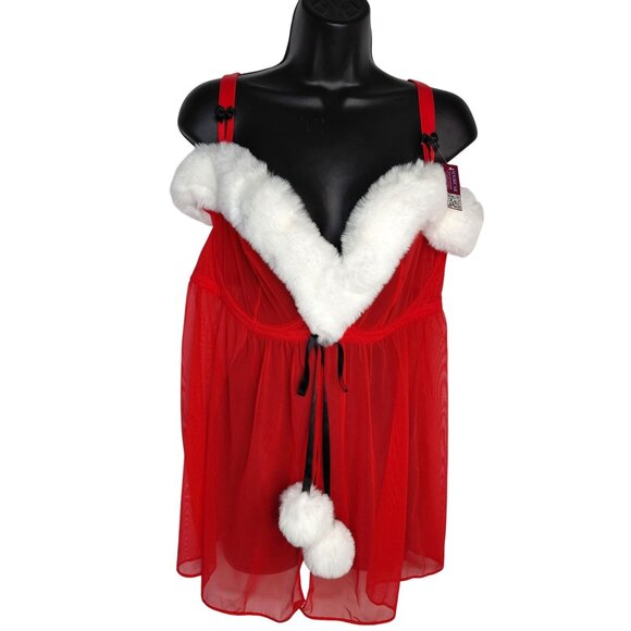 Adore Me Sheer Red Babydoll Lingerie With Faux Fur Trim & Pom Poms Size 40H - Picture 8 of 8